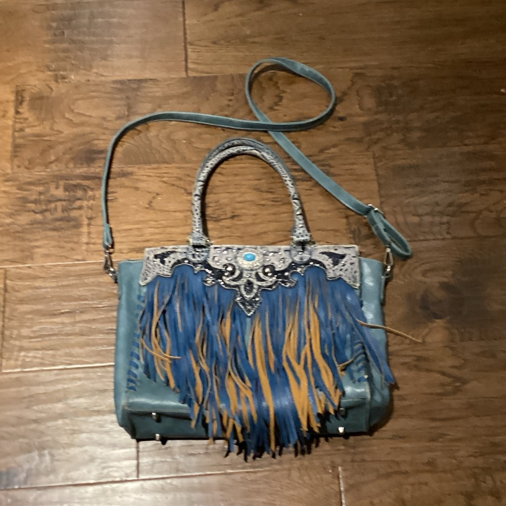 Fringe Embellished Blue and Tan Handbag